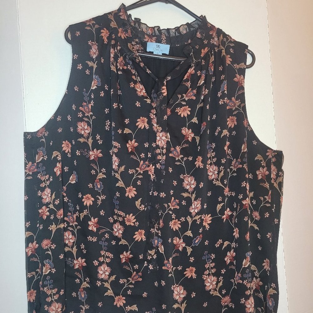CeCe Women's Black Blouse with Pink Floral-Print Neck-Tie Sleeveless